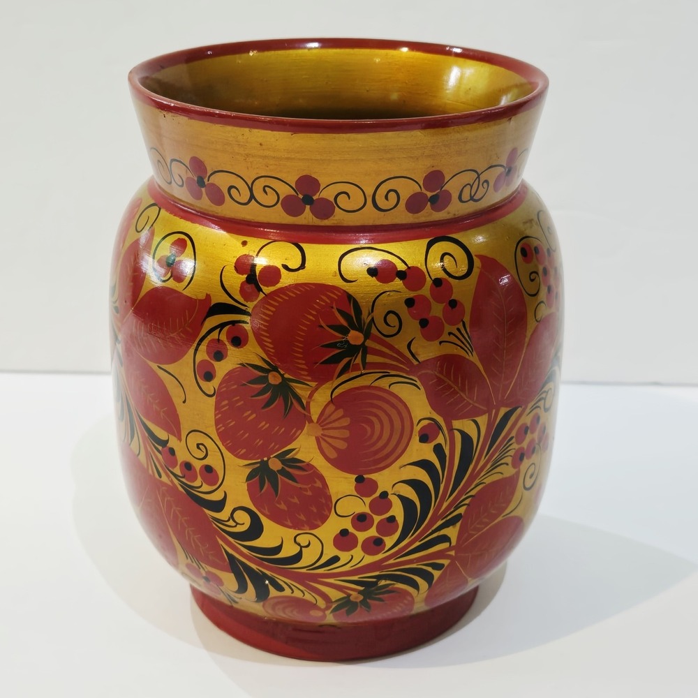 Russian Wooden Khokhloma Hand Painted Vase Strawberries USSR 6" Numbered Vtg